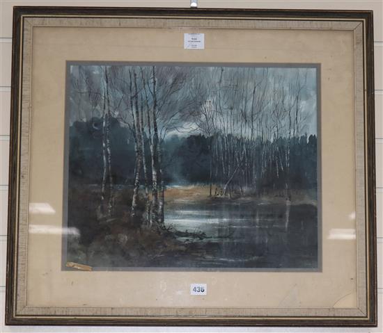 Peter Perkins, watercolour and ink, birch trees beside a river, signed, 16 x 20in.